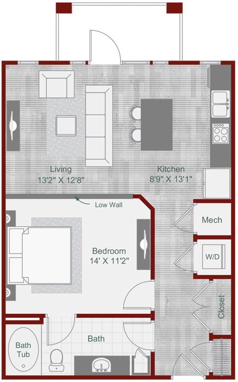 Floor plan for studio, 1 bath, 701 sqft